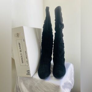 Manolo Blahnik Black Heeled Boots with Ruched Design